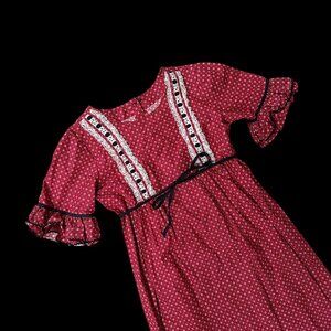 Vintage 1970s Handmade Prairie Dress Red Black White Lace Retro Cotton Belted